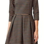 Gap Striped Black Tan Fit & Flare Mini Dress Pleated w/ Pockets 3/4 Sleeves Photo 0