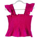 Hill House  Home 100% Linen Smocked Ruffle Peplum Top M Hot Pink Fuchsia Coquette Photo 0