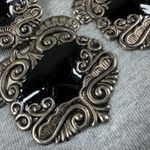 Vintage Black Silver Ornate Luggage Tag Articulated Earrings Scrollwork Design Photo 3