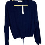 Adelyn Rae Women's Navy Blue Ribbed Knit Long Sleeve Drawstring Cropped Top Size M Photo 0