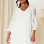 Lulus  Beige Long Sleeve Slit Shift Mini Dress V-Neck Pullover M Photo 0