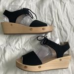 Sedette Sandal Co. Black Canvas & Wood Platform Wedge Retro Sandals Size 9.5 Photo 3