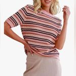 NEW Pink Crewneck Short Sleeve Striped Knit Hollow Out Sweater Shirts Blouse L Size L Photo 0