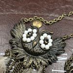 Vintage 1970s Large Rhinestone Spotted Owl Boho Feather Long Legnth Necklace White Photo 1