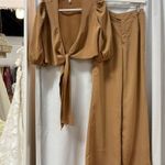 Lavish Pretty Jamie Crop Tie Knot Blouse & Wide Leg Trouser Pants Set Tan US 4 Photo 2