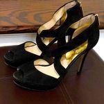 Michael Kors MK Black Suede Peep Toe Gold Zipper Back High Heel Shoes Sz 8-1/2 Photo 1