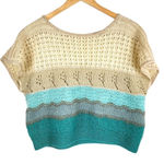 None Open Knit Sleeveless Sweater Crop Top Teal Cream Beige Short Sleeve Top Photo 0