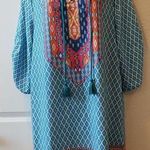 Urban Coco  Womens Dress Sz Large Blue Green Geometric Ruched Sleeves Peasant Photo 0