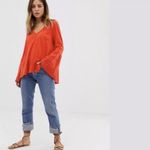 Free People $88  Parisian Red Eyelet S boho lace V Neck Puff Sleeve top Nwot fall Photo 3