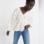 Madewell ‎ Antique Cream Lightspun Peplum Wrap Top in Black Tiny Bows Size XS Photo 1