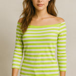 American Eagle Y2K Striped Off Shoulder Quarter Sleeve Tee Green White Small 90s Photo 0