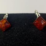 Sterling Silver 925 Diamond Shape Baltic Amber Drop Dangle Earrings Orange Photo 3