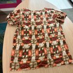 Art And Soul Blouse Small Geometric Print Embroidered Front Panel Short Sleeve Brown Photo 2