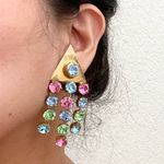 Unique Vintage  Unsigned Multicolored Stones Waterfalls Clip Statement Earrings Photo 2