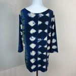 Clara Sun Woo Top Small Blue Green Gray Artsy Pattern Jersey Stretch 3/4 Sleeve Photo 4