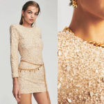 RETROFÊTE‎ Nikki Sequin Long Sleeve Minidress in Sea Shell Size Small NWT Tan Photo 2