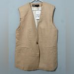 ZARA Bloggers Favorite Beige Bohemian Long Line 100% Linen V-Neck Vest Size L Photo 7