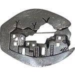 Vintage 1988 JJ 3D Building Pewter Silver Tone Pueblo Adobe Scene Pin Brooch Photo 4