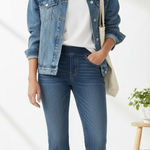 Spanx NEW  Cropped Flare Raw Hem Jeans 2-Toned Medium Dark Wash Minimalist Small Photo 0