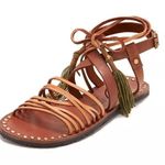 Free People Willow gladiator sandal size 6 Brown leather green tassels wrap boho Photo 1