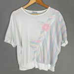 Vintage 80s Top Pastel‎ Rainbow Batwing Sleeve Women Flowers White Tee Retro Tee Photo 0
