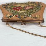 Vintage 50s Floral Tapestry Stitch Seed Bead Purse Handbag Top Handle Brown Photo 6