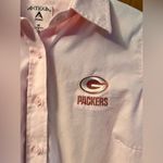 Antigua Women’s Medium  Pink Green Bay Packers Button Down Dress Shirt Photo 2