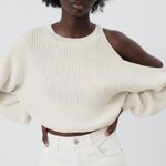 ZARA Cut Out Cold Shoulder Knit Balloon Sleeve Sweater Top Neutral Cream Photo 2
