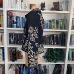 Vintage 90s Embroidered Jean Jacket Black Denim Tan Floral Bohemian Size Small Photo 6