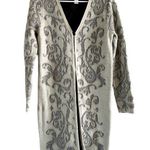 Chico's  Icy Elsa Cardigan Jacquard Patten Mid Length 100% Wool White Silver 0 S Photo 0