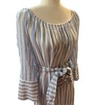 Moon River Striped Midi Dress Blue White Tie Waist Long Sleeve Bell Sleeve Casual Photo 1