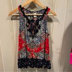 Cute flowy ruffle boho paisley tie neck sleeveless top preppy coastal swingy Blue Size M Photo 8