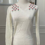 NWT NOS Vintage 70s Georgie Porgie Knit Sweater Embroidered Flowers XS White Photo 0