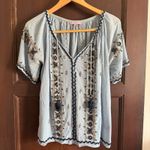 Calypso St. Barth | Blue Gauze Beaded Boho Peasant Top Short Sleeve Medium Photo 1