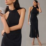 Anthropologie Dress SZ Large Midi Black Slit Halter Fringe Stretch Linen Cotton Photo 2