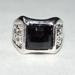 Source Unknown Graphic Etched Silver Tone Metal Band Black Square Beveled Stone Size 10.5 Ring Photo 1