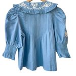 SEA NEW YORK NY KYLA EMBROIDERY ON CHAMBRAY PUFF SLEEVE BUTTON UP TOP SIZE L Blue Size L Photo 8