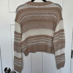 Lush Clothing NWT Lush Tan Striped Crochet Knit Crew Neck Fuzzy Sweater - Cream Taupe Multi Photo 1