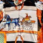 Vintage Equestrian themes print ORANGE/BLAK oversized silky Scarf 35/35 Orange Photo 8