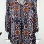 One World  Boho Print Lattice Neck Tunic Top Women's Size L Asymmetrical Hem Photo 0