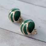 Vintage Clip On Earrings Statement Green & Gold Tone Striped Regal 7/8" Photo 2