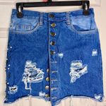 Mini skirt Distressed Denim Button Front Small Embellished Pockets Blue Size XS Photo 0