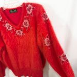 Vintage 80s Angora Sweater Red Floral Embroidered Beaded Shoulder Pads 319 Size L Photo 7