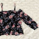 Olivaceous Black Pink Floral Cold Shoulder Flowy Puff Sleeve Romantic Blouse Photo 10