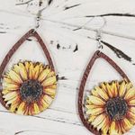 Sunflower Earrings Rustic Wood Teardrop Country Summertime Yellow Photo 0