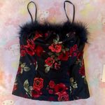 Boutique designer silky black rose all over tank top with fur neckline (L) NEW Photo 0