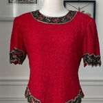 Laurence Kazar NWT NOS  Beaded Sequin Short Sleeve Silk Top Red L Photo 0