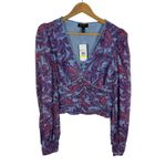 Jessica Simpson NWT‎  Laira Paisley Blouse Sz M Ruched Long Sleeve V Neck Cropped Photo 1