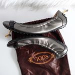 Tod's  Grey Silver Leather Black Buckle Cap Toe Ballerina Flats Photo 1