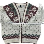 Vintage 80s Cardigan Sweater Fair Isle Fringe Knit Large Photo 6